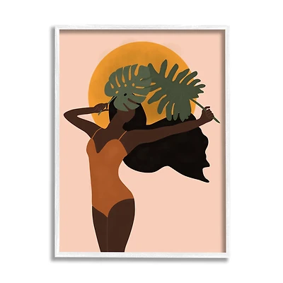 Stupell Industries Female Holding Tropical Monstera Leaf under Sun in White Frame Wall Art