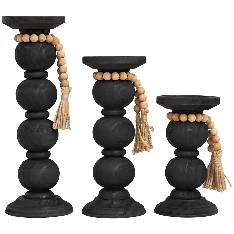 Black Wood Handmade Bubble Inspired Matte Candle Holder with Beaded Garland Set