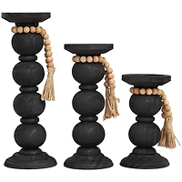 Black Wood Handmade Bubble Inspired Matte Candle Holder with Beaded Garland Set