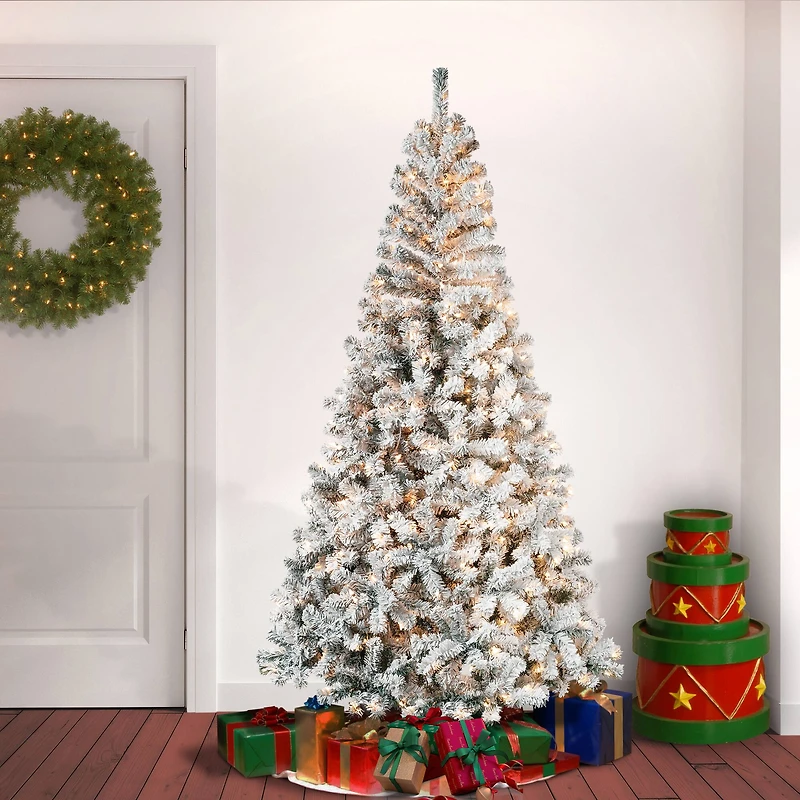 7.5ft Pre-Lit Acacia Flocked Artificial Christmas Tree, Clear Lights