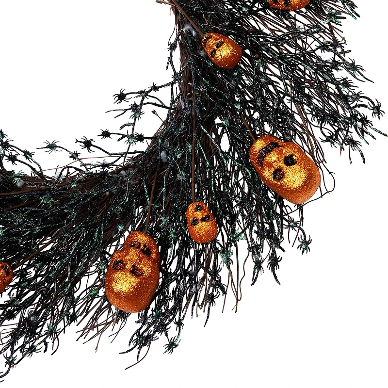 22" Black & Orange Skulls and Spiders Halloween Twig Wreath