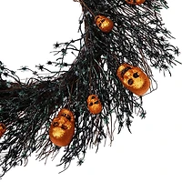 22" Black & Orange Skulls and Spiders Halloween Twig Wreath