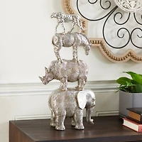 20" Silver Polystone Glam Style Stacked Animal Sculpture