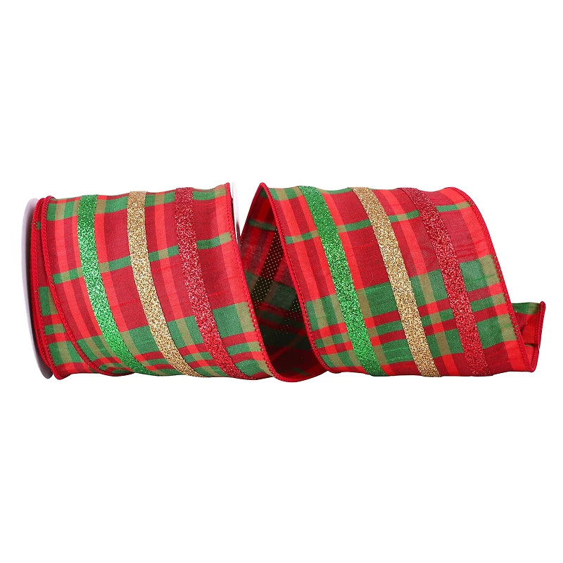 JAM Paper 4" x 10yd. Dupioni Wired Edge Glitter Plaid Ribbon