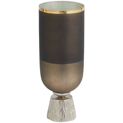16" Bronze Glass Colorblock Candle Holder with Gold Accents & Textured Silver Base