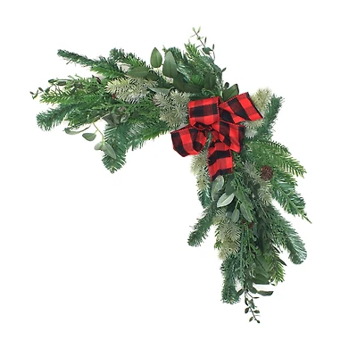 24" Mixed Pine, Leaves & Pinecone Corner Swags with Red Buffalo Check Bows, 2ct.