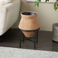 20" Brown Wide Metal Vase with Black Stand