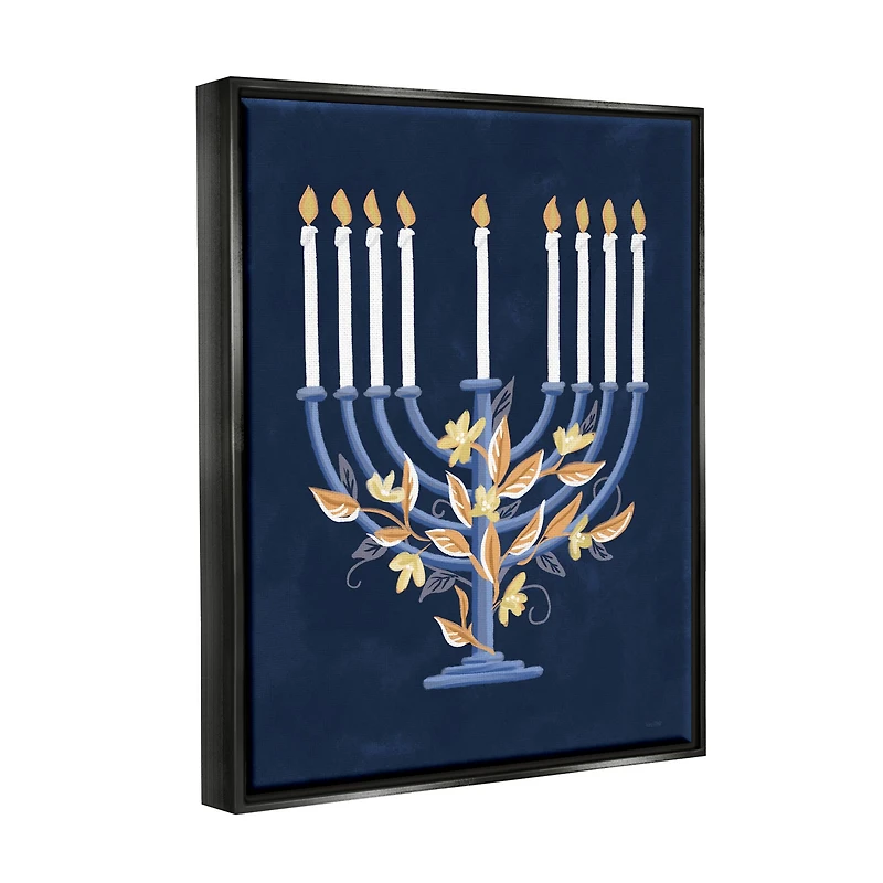 Stupell Industries Traditional Floral Hanukkah Menorah Framed Floater Canvas Wall Art