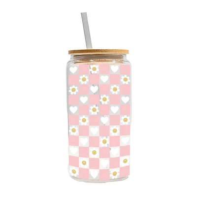 16oz. Pink Daisy and Heart Check Glass Can Cup