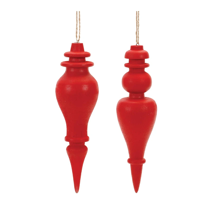 6" Red Wood Finial Drop Ornament Set