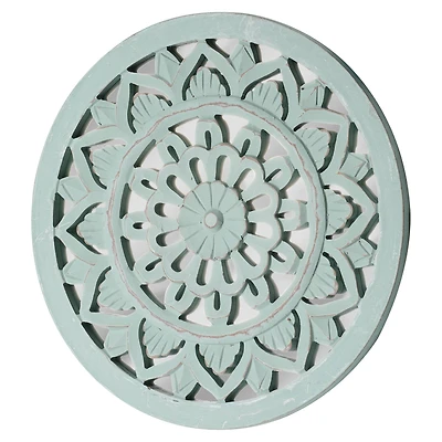 American Art Décor™ 16" Distressed Reflective Round Green Floral Wood Wall Art Medallion