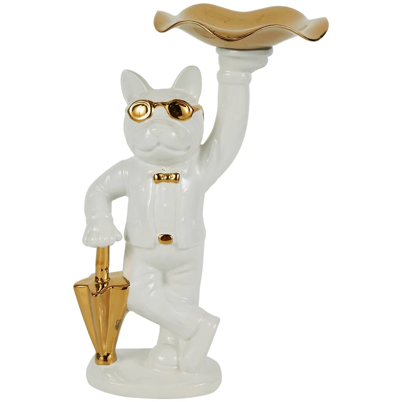 13" White & Gold Ceramic Bulldog Sculpture