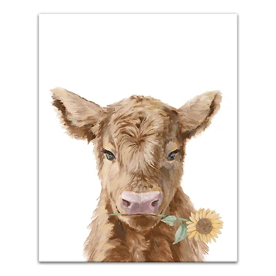 Baby Highland Cow Sunflower 16" x 20" Canvas Wall Art