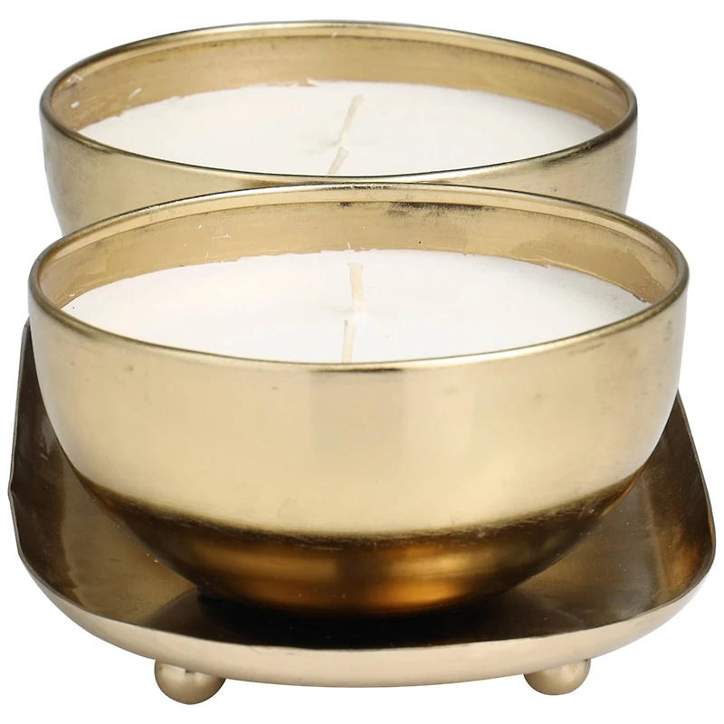 English Garden Scented 2-Wick Candles in Gold Bowls Set