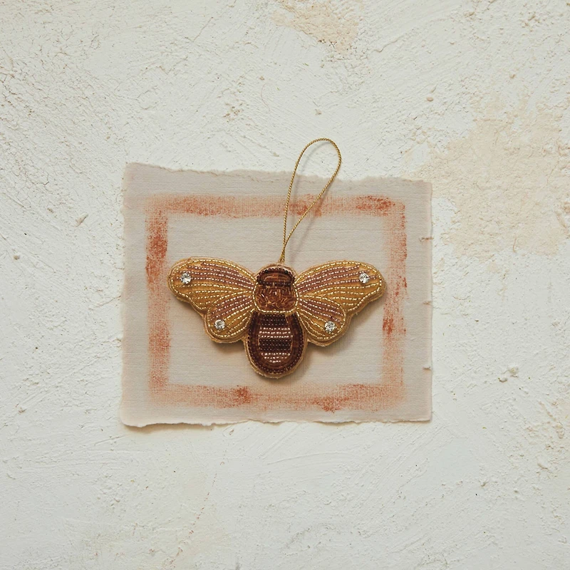 Hello Honey® 4.5" Brown & Gold Beaded Bee Fabric & Glass Ornament