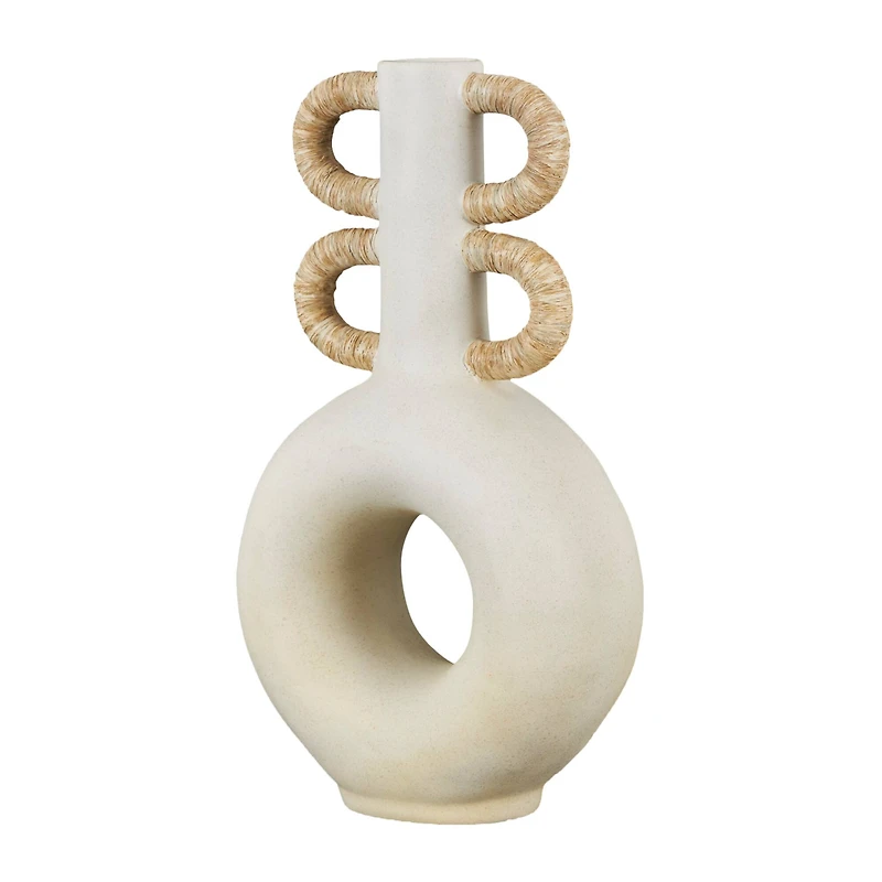 16" Cream Round Speckled Vase with Woven Inspired Arched Handles & Cutout Opening