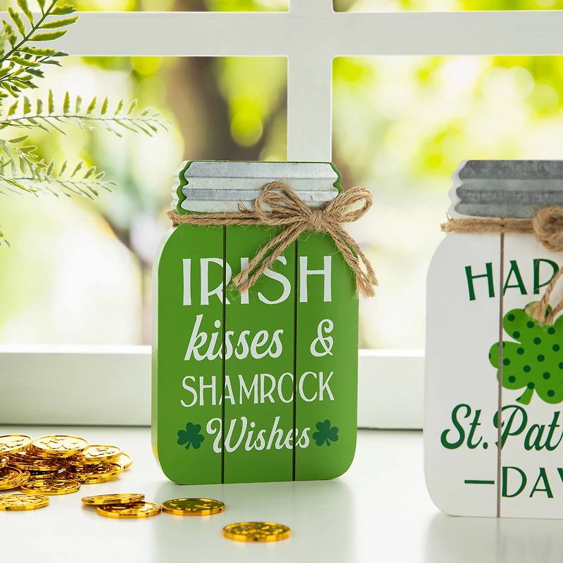 Glitzhome® 7" Set of 3 St. Patrick's Wooden Mason Jar Table decor