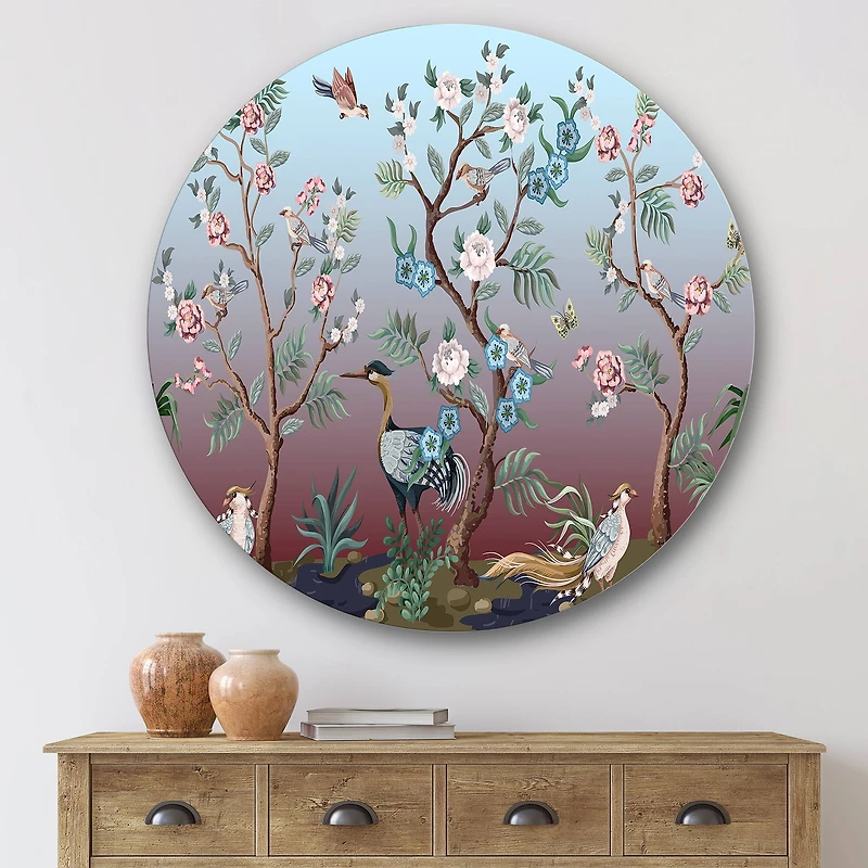 Designart - Chinoiserie With Birds and Peonies XI - Traditional Metal Circle Wall Art