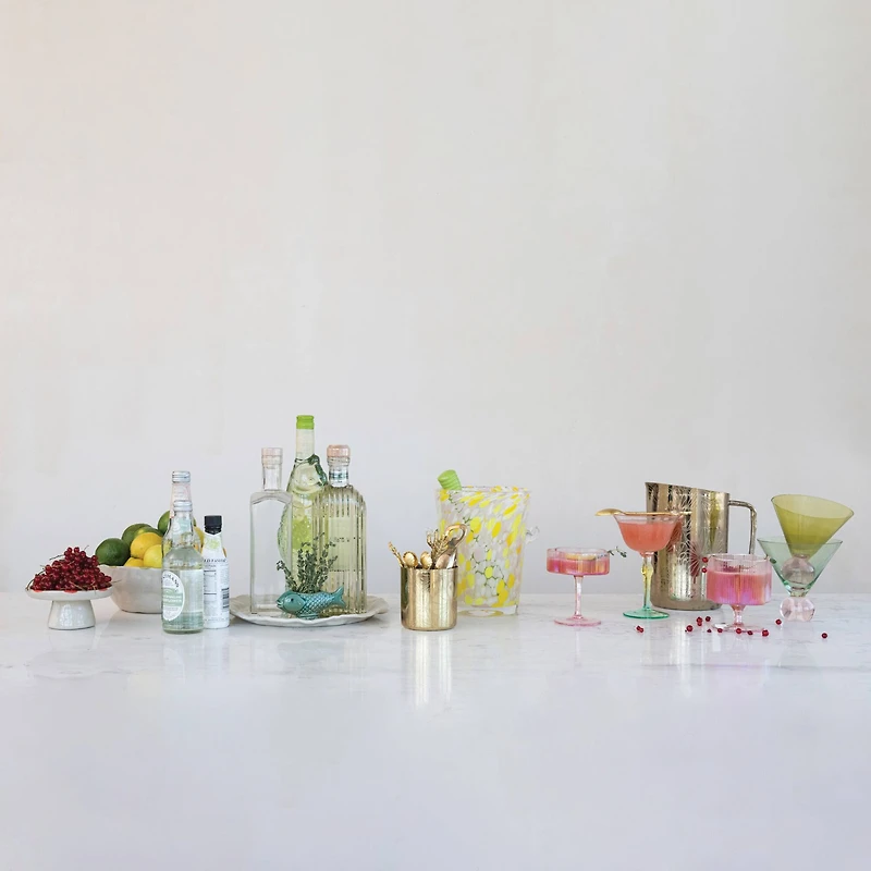 Hello Honey 2 Quart Hand-Blown Confetti Glass Ice Bucket with Handles, Yellow, Pink and White