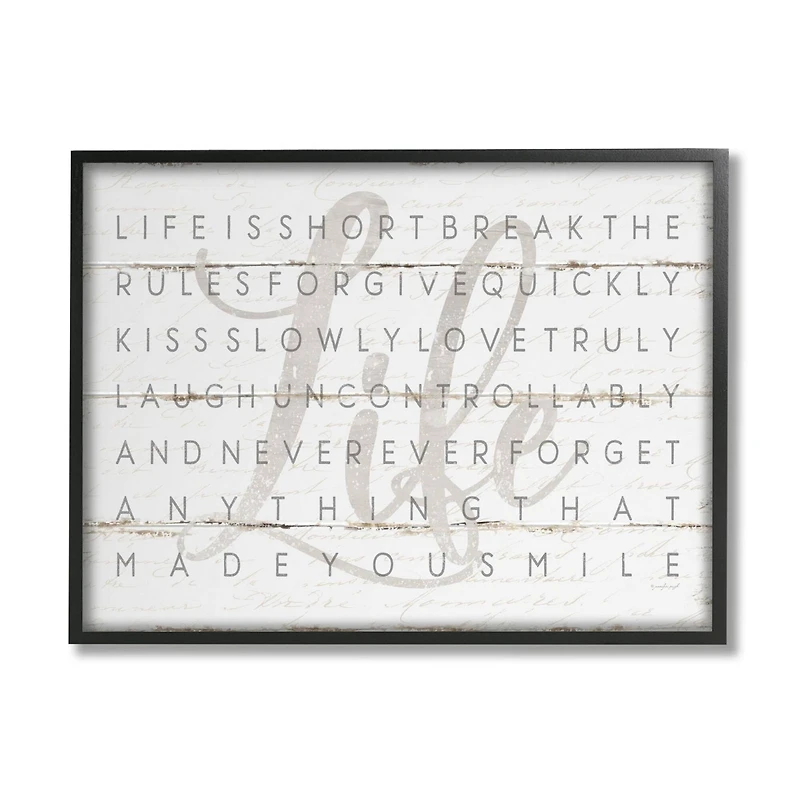 Stupell Industries Life Is Short Smile Grey on White Planked Look Framed Wall Art