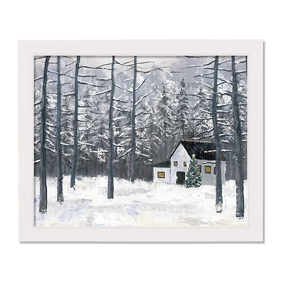 Painted Winter Cottage White Framed Canvas Wall Art