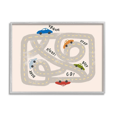 Stupell Industries Kid's Cartoon Car Road Map Fun Playful Streets in Gray Frame Wall Art