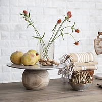 Hello Honey® 12" White Speckled Stoneware Pedestal with Paulownia Wood Ball Base