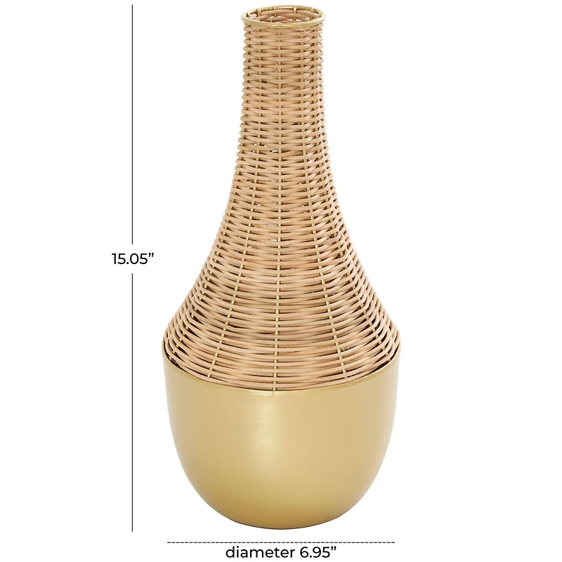 15" Brown & Gold Rattan Handmade Woven Vase