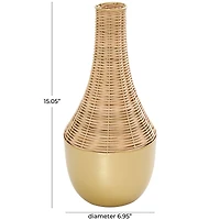 15" Brown & Gold Rattan Handmade Woven Vase