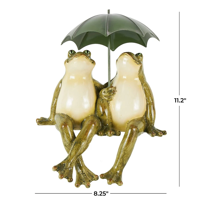 11" Bronze Frogs Sitting with Umbrella Sculpture