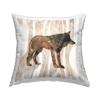 Stupell Industries Woodland Wolf Watercolor Silhouette Rustic Grain Pattern Throw Pillow 18" x 18"