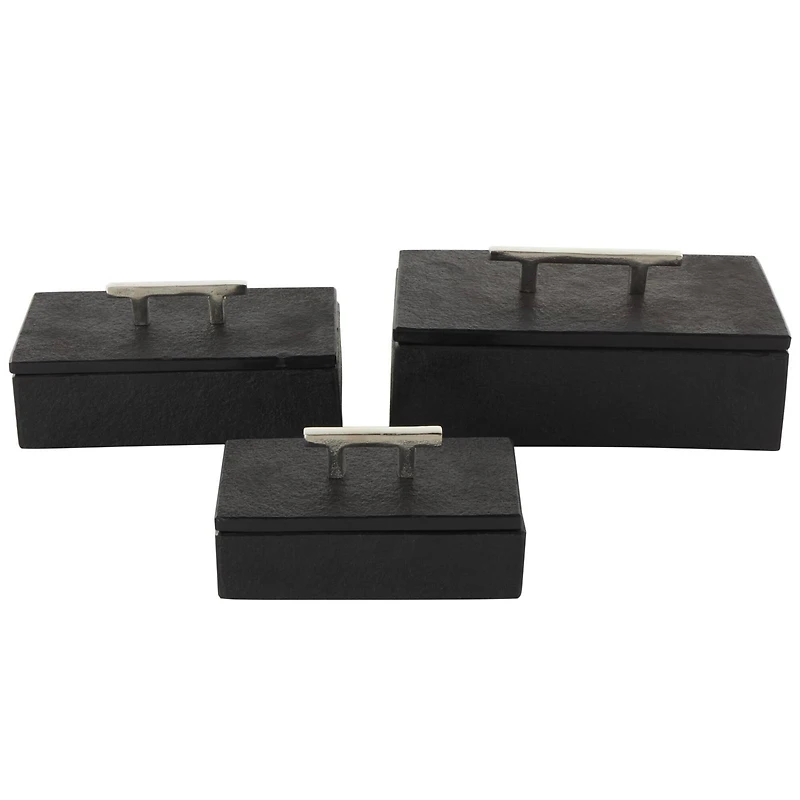 Black Marble Decorative Box with Silver Aluminum Bar Handles, 3ct.