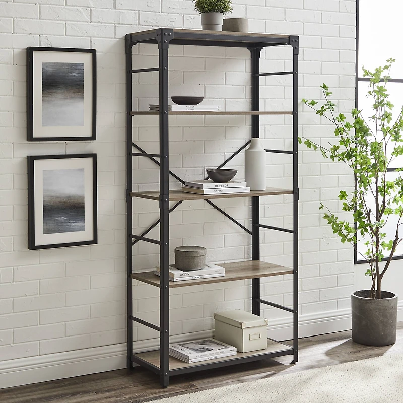Walker Edison 64" Graywash Angle Iron Industrial Bookcase