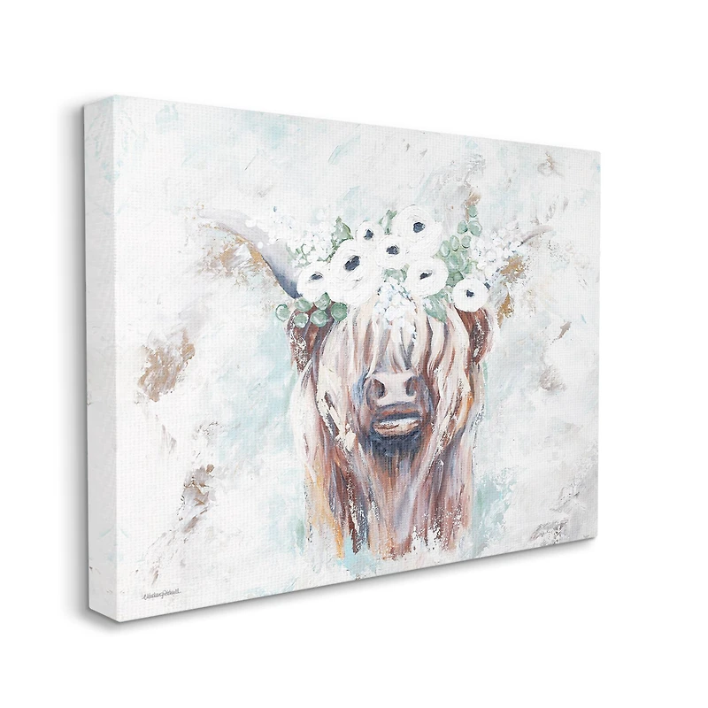 Stupell Industries Rustic Country Longhorn Cattle Flecked Flower Blossoms Canvas Wall Art
