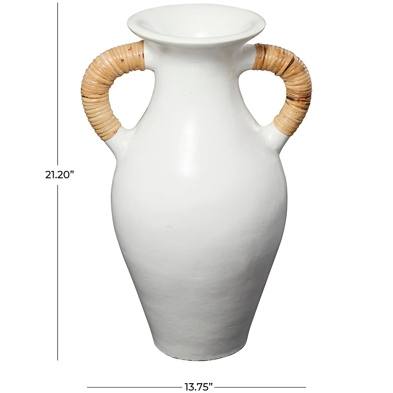21" White Ceramic Jug Vase with Rattan Wrapped Handles