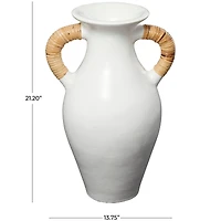 21" White Ceramic Jug Vase with Rattan Wrapped Handles
