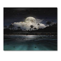 Designart - Fishing Boat Under Tropical Full Moon - Modern Print on Natural Pine Wood