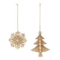 Glittered Gold Pine Tree & Snowflake Ornament Set