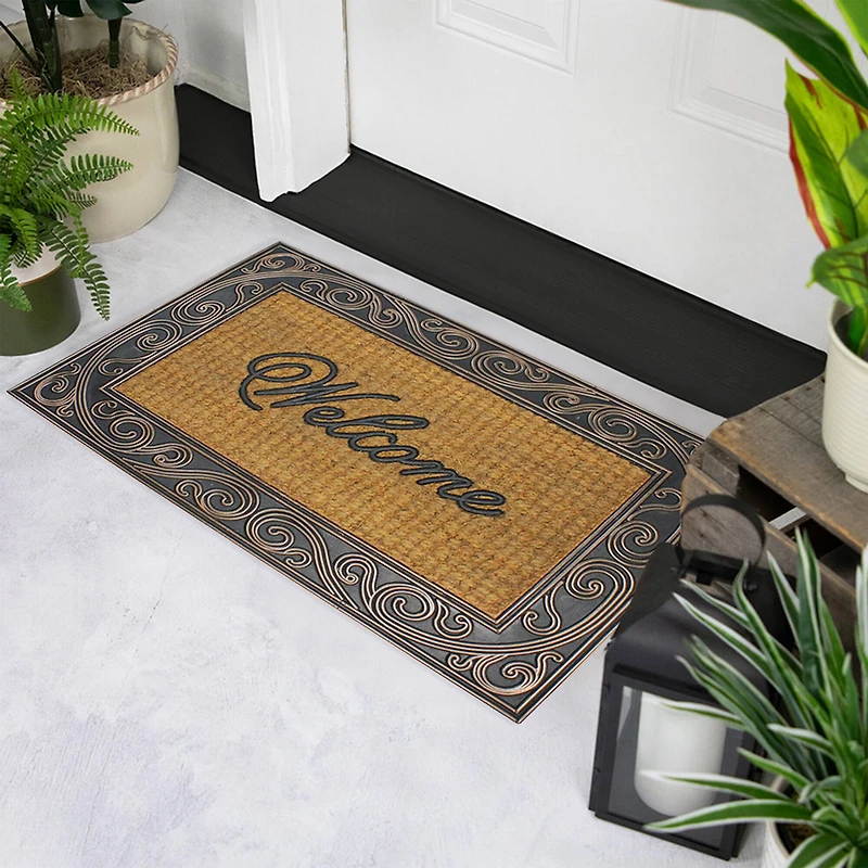 Brown & Black Scrollwork Rectangular Welcome Doormat