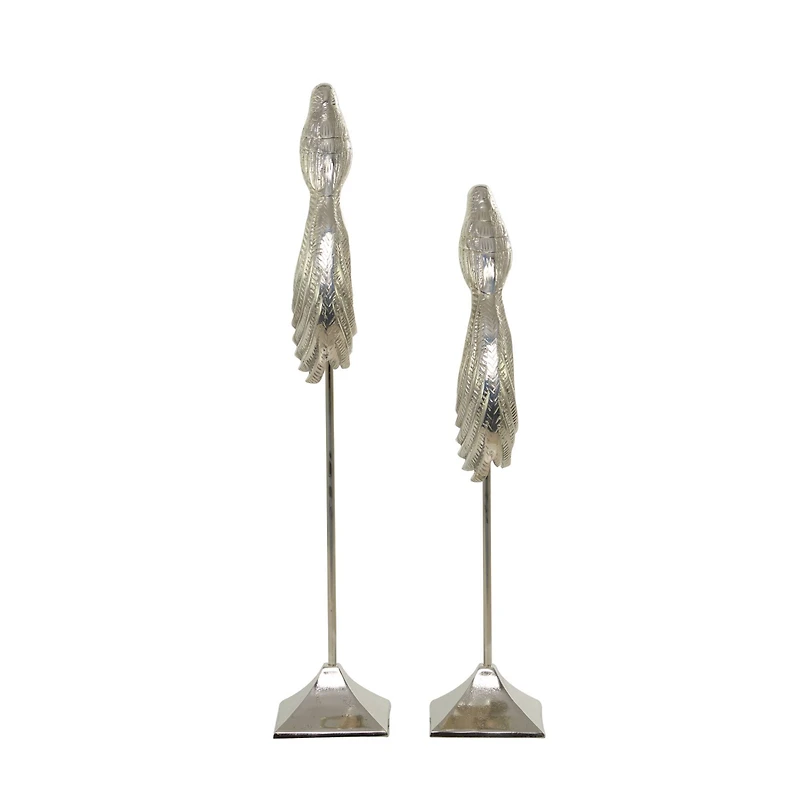 Silver Aluminum Eclectic Birds Sculpture, Set of 2" 32", 27"