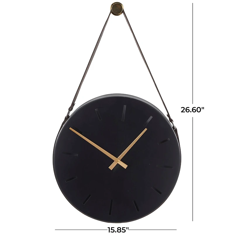 27" Black Stainless Steel Wall Clock with Leather Hanging Straps