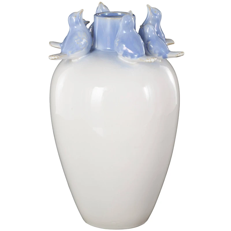 13" White Ceramic Bird Decorative Vase with Blue Accents
