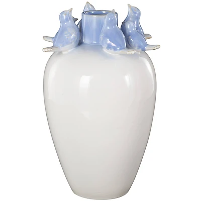 13" White Ceramic Bird Decorative Vase with Blue Accents