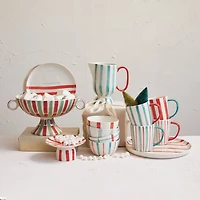 Hello Honey® 1qt. Red, Aqua & Cream Hand-Painted Stoneware Footed Pitcher with Stripes