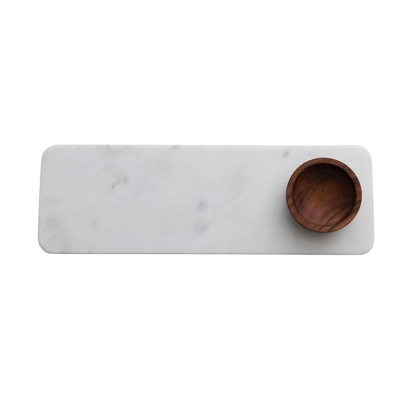 Hello Honey® 15" White Modern Marble Charcuterie Board with Brown Acacia Wood Bowl