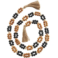 80" Handmade Mango Wood Round Double Layered Carved Bead Garland with Tassels
