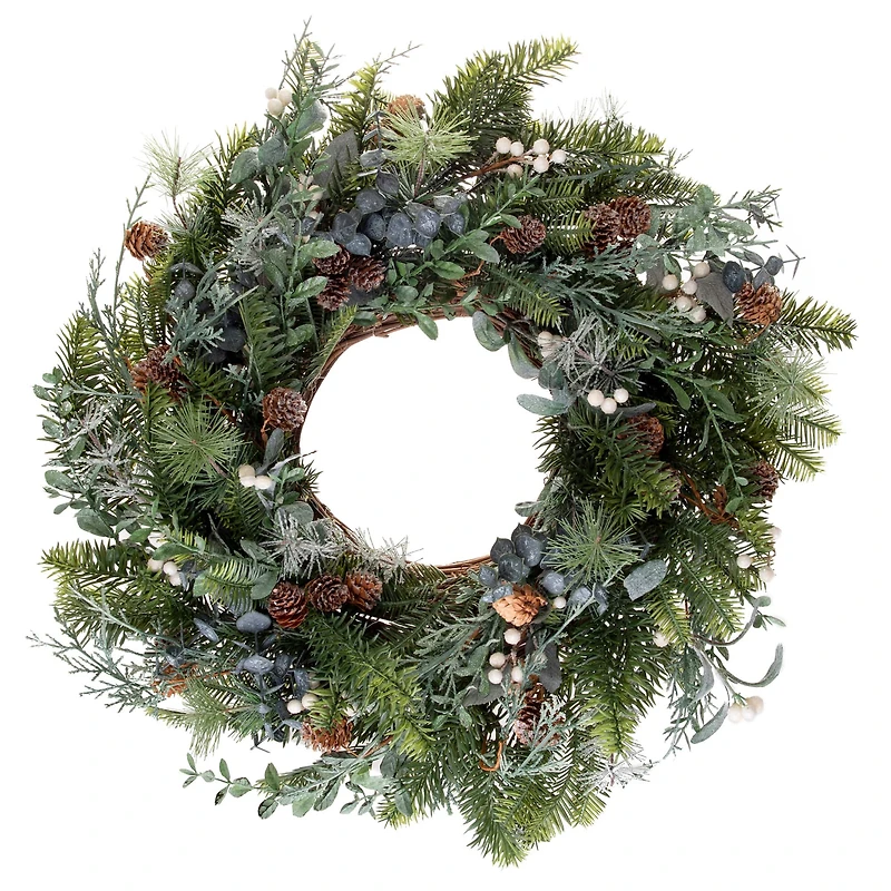 Village Lighting 24" Pre-Lit Rustic White Berry Christmas Wreath, Clear LED Lights