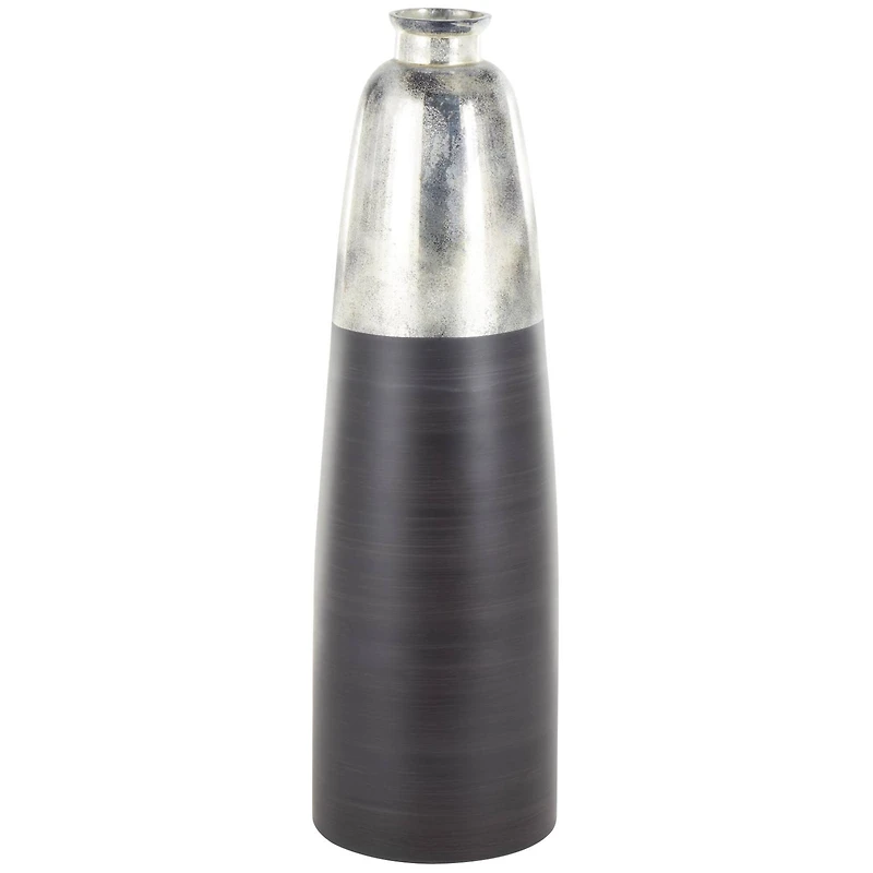 34" Black Glass Brushed Two-Toned Floor Vase with Textured Silver Top