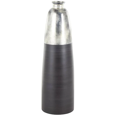 34" Black Glass Brushed Two-Toned Floor Vase with Textured Silver Top