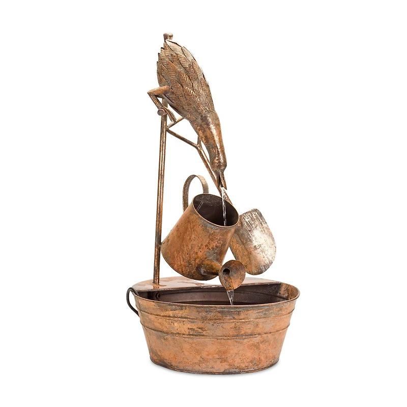 33" Brown Rustic Metal Fountain with Duck & Watering Can